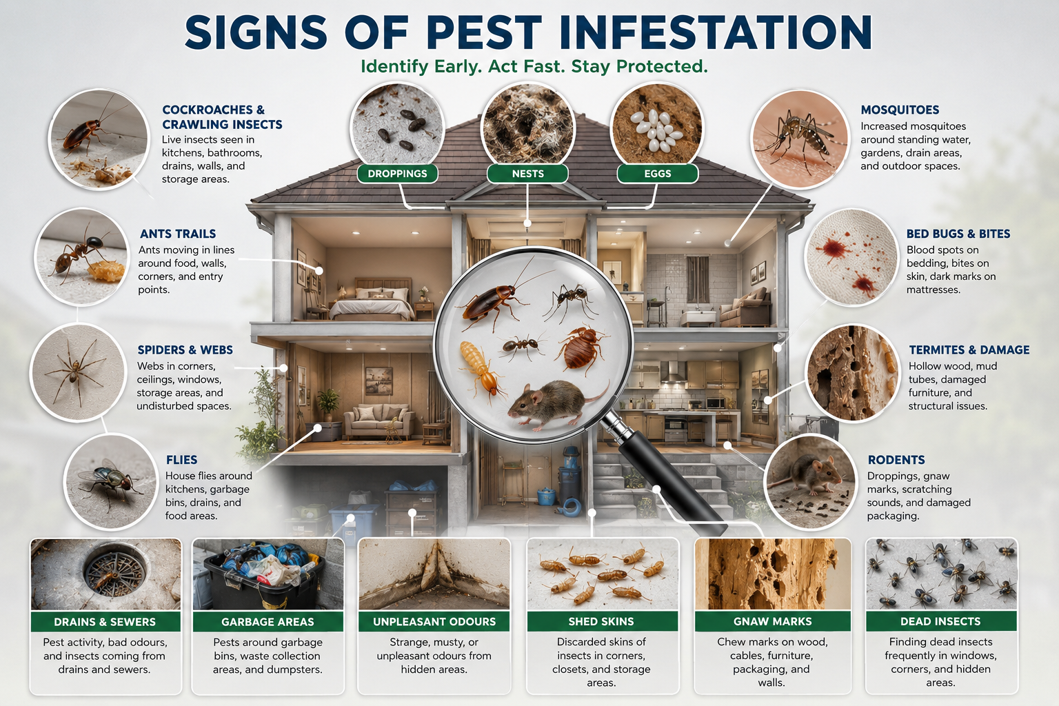 Signs of cockroach, ant, bed bug, termite, mosquito, fly and rodent infestation in Dubai